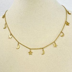Meghan Bo Goldtone Textured Moon/Star Necklace 16"